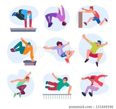 Parkour. Outdoor extreme sport activities exact urban active characters running and jumping Parkour. Outdoor extreme sport activities exact urban active characters running and jumping 131849590