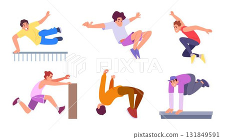 Parkour. Extreme outdoor runners and jumpers in urban streets exact vector active lifestyle sport athletes 131849591
