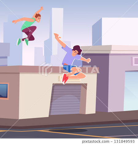 Parkour. sport athletes running and jumping in urban roof. extreme characters 131849593