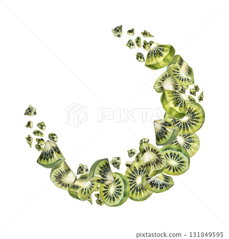 Green juicy kiwi slices in a semicircular border on a white background. Watercolor botanical template for posters, labels, cards, scrapbooking, and packaging for jams, drinks, and food products Green juicy kiwi slices in a semicircular border on a white background. Watercolor botanical template for posters, labels, cards, scrapbooking, and packaging for jams, drinks, and food products 131849595