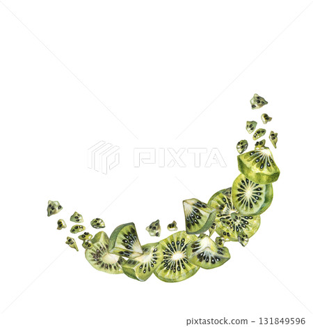 Green juicy kiwi slices in a semicircular border on a white background. Watercolor botanical template for posters, labels, cards, scrapbooking, and packaging for jams, drinks, and food products Green juicy kiwi slices in a semicircular border on a white background. Watercolor botanical template for posters, labels, cards, scrapbooking, and packaging for jams, drinks, and food products 131849596