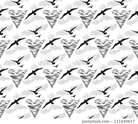 Seamless pattern with birds flying in the sky with clouds over sea waves. Nature sea view ornamental line drawn background Seamless pattern with birds flying in the sky with clouds over sea waves. Nature sea view ornamental line drawn background 131849657