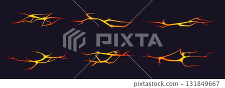 Lava flows in ground cracks. Hot magma, glowing red orange heating broken design. Decorative fracture natural elements, earthquakes effects, nowaday vector set Lava flows in ground cracks. Hot magma, glowing red orange heating broken design. Decorative fracture natural elements, earthquakes effects, nowaday vector set 131849667