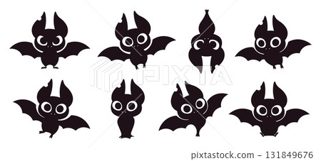 Funny black bats. Halloween bat characters various poses. Cute cartoon animals flying, angry, sitting. Isolated wall stickers templates, racy vector set Funny black bats. Halloween bat characters various poses. Cute cartoon animals flying, angry, sitting. Isolated wall stickers templates, racy vector set 131849676