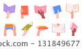People hands hold books. Human hand with book pile, open and closed textbooks. Students and teachers, readers. Education, library racy vector elements 131849677