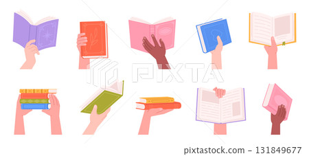 People hands hold books. Human hand with book pile, open and closed textbooks. Students and teachers, readers. Education, library racy vector elements People hands hold books. Human hand with book pile, open and closed textbooks. Students and teachers, readers. Education, library racy vector elements 131849677