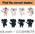 Find correct koala shadow. Funny koala musician, traveller, happy australian animals. Kids educational play, entertainment classy vector template 131849679