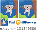 Find koala differences. Cute cartoon koala on branch. Children educational game, development and training of attention, classy vector template 131849680