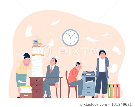 Office stress concept. Very tired managers working with paperwork. Social services, administration staff or accounting with dizziness, recent vector scene Office stress concept. Very tired managers working with paperwork. Social services, administration staff or accounting with dizziness, recent vector scene 131849681