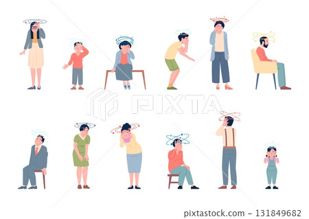 Dizziness. Sick adults kids have dizzying stars and birds. Stressed characters with vertigo or experiencing. Effect after head blow, recent vector set 131849682