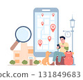 Travel with pet concept. Man searching dog allowed hotel in smartphone app. Vacation with owner, tourism with puppy, flat recent vector scene 131849683