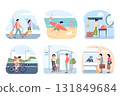 Travel with pets. People tourists hike, vacation with dogs and cats. Traveling around city by bus with dog, transportation pet in bags, recent vector scene 131849684
