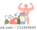 Bodybuilder and nutrition. Athlete male with food and supplements for gaining muscle mass. Muscular character, vitamins, protein food, recent vector scene 131849685