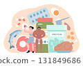Sport nutrition. Bodybuilders with various protein food, supplements, vitamins. Healthy diet for fitness models and athletes, fish, meat, nuts, recent vector scene 131849686