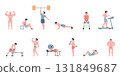 Bodybuilder characters. Bodybuilders posing and training in gym. Male fitness models, flat athletic muscular characters. Gymnastic recent vector set 131849687