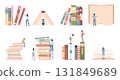 Book readers scenes. People studying giant books, reading and looking. Education, school or college, hobby or bookstore, literature recent vector scenes 131849689