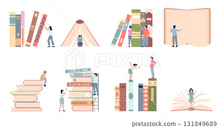 Book readers scenes. People studying giant books, reading and looking. Education, school or college, hobby or bookstore, literature recent vector scenes 131849689