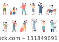 People doing selfie on smartphones. Men women shooting photo with flowers, dog, food and drink. Flat bloggers doing content in different situations, recent vector scenes 131849691