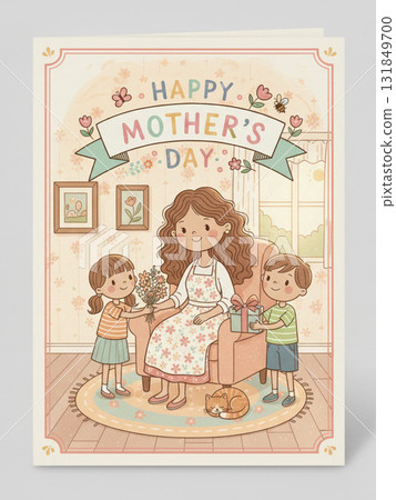 Mother's Day card featuring a smiling mother sitting in a chair, while her daughter offers flowers and her son presents a gift Mother's Day card featuring a smiling mother sitting in a chair, while her daughter offers flowers and her son presents a gift 131849700