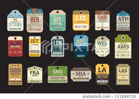 Luggage vintage tags. Travel stickers for airplane baggage, airport old luggage tag retro label airline flight ticket vacation trip europe city sign set kicky vector illustration Luggage vintage tags. Travel stickers for airplane baggage, airport old luggage tag retro label airline flight ticket vacation trip europe city sign set kicky vector illustration 131849728
