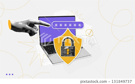 Cybersecurity collage. Secure cyber password, computer information protect shield padlock lock hacker key save internet safety data technology, halftone exact vector illustration 131849737