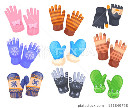 Cartoon winter gloves. Warm mittens, child glove for snow weather or cold autumn season cute mitten kid hand clothing wool fabric garment, wintertime set neat vector illustration 131849738