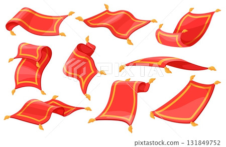 Cartoon magic carpet. Flying rug, arabic red carpets aladdin arabian fairytale fantasy sorcery mat rugs plane oriental vintage game animation poses set neat vector illustration 131849752