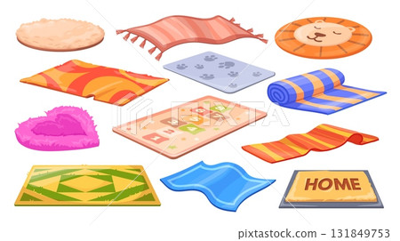 Cartoon rugs. Wool carpet roll, mat for yoga or dog pet fluffy rug bedroom living room kid floor cloth cover home doormat handmade carpets picnic, set neat vector illustration 131849753