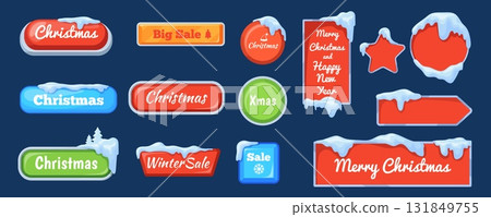 Christmas snow buttons. Game ui bars, xmas cartoon snowy button with cap winter sale banner badges red tag ice frame cold web border sign for text, cartoon neat vector illustration Christmas snow buttons. Game ui bars, xmas cartoon snowy button with cap winter sale banner badges red tag ice frame cold web border sign for text, cartoon neat vector illustration 131849755
