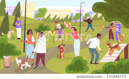 Dog playground. People training agility pets in city park, owner walk and play with dog activity exercise at canine obstacle yard outdoor puppy run, classy vector illustration Dog playground. People training agility pets in city park, owner walk and play with dog activity exercise at canine obstacle yard outdoor puppy run, classy vector illustration 131849773