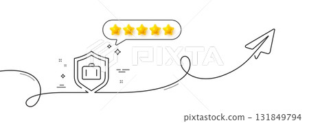 Luggage protect line icon. Continuous line with share plane. Suitcase bag sign. Baggage secure symbol. Five star rate review in speech bubble. Luggage protect single line ribbon. Vector Luggage protect line icon. Continuous line with share plane. Suitcase bag sign. Baggage secure symbol. Five star rate review in speech bubble. Luggage protect single line ribbon. Vector 131849794