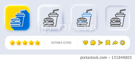Hamburger with drink line icon. Neumorphic, Flat shadow, 3d buttons. Fast food restaurant sign. Hamburger or cheeseburger symbol. Line hamburger icon. Social media icons. Vector 131849803