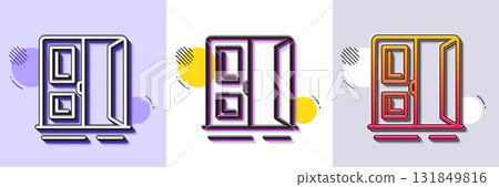 Open door line icon. Halftone dotted pattern. Gradient icon with grain shadow. Entrance doorway sign. Building exit symbol. Line open door icon. Various designs. Vector 131849816