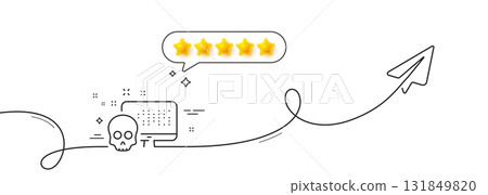 Cyber attack line icon. Continuous line with share plane. Ransomware threat sign. Computer phishing virus symbol. Five star rate review in speech bubble. Cyber attack single line ribbon. Vector Cyber attack line icon. Continuous line with share plane. Ransomware threat sign. Computer phishing virus symbol. Five star rate review in speech bubble. Cyber attack single line ribbon. Vector 131849820