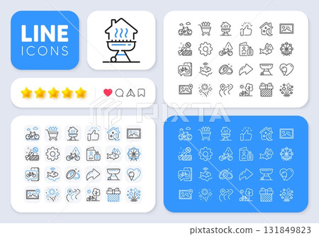 Bike attention, Sleep and Surprise line icons for web app. Message, Share, Like social media icons. Pack of Road, Fireworks stars, Fishfinder pictogram icons. Vector 131849823