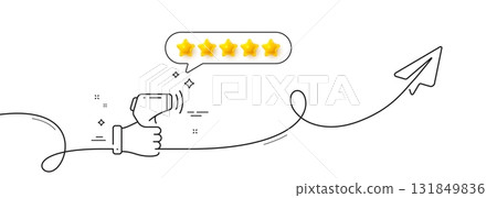 Electronic thermometer line icon. Continuous line with share plane. Temperature scanner sign. Fever measuring symbol. Five star rate review in speech bubble. Vector Electronic thermometer line icon. Continuous line with share plane. Temperature scanner sign. Fever measuring symbol. Five star rate review in speech bubble. Vector 131849836