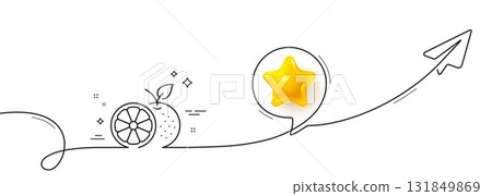 Orange line icon. Continuous line with share plane. Fruit food sign. Diet nutrition symbol. 3d star in speech bubble. Orange single line ribbon. Loop curve pattern. Vector Orange line icon. Continuous line with share plane. Fruit food sign. Diet nutrition symbol. 3d star in speech bubble. Orange single line ribbon. Loop curve pattern. Vector 131849869