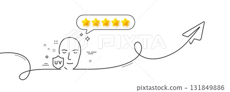 UV protection line icon. Continuous line with share plane. Skin care sign. Healthy face symbol. Five star rate review in speech bubble. UV protection single line ribbon. Loop curve pattern. Vector 131849886