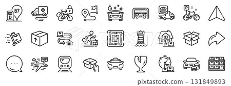 Tracking parcel, Car wash and Hold box line icons pack. Share, Message, Paper plane icons. Diesel station, Fragile package, Taxi web icon. Vector Tracking parcel, Car wash and Hold box line icons pack. Share, Message, Paper plane icons. Diesel station, Fragile package, Taxi web icon. Vector 131849893