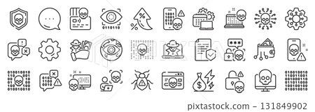 Cyber attack line icons. Settings gear, Message, Inflation icons. Phishing risk, Data ransomware, Binary code. Hacker attack, Virus secure, Malware bug outline icons. Vector 131849902