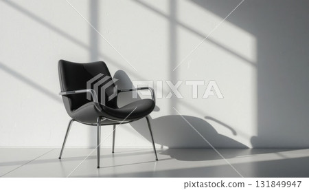 Black Modern Chair Casting Shadows in a Bright, Minimalistic Space During Daylight Hours 131849947