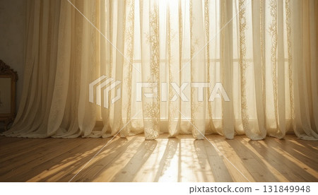 Natural Light Streaming Through Sheer Curtains in a Cozy, Sunlit Room With Wooden Flooring 131849948