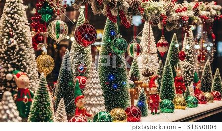 Festive christmas display with colorful ornaments and miniature trees in holiday storefront 131850003