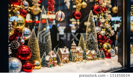Festive holiday display of miniature village with christmas trees and colorful ornaments 131850034