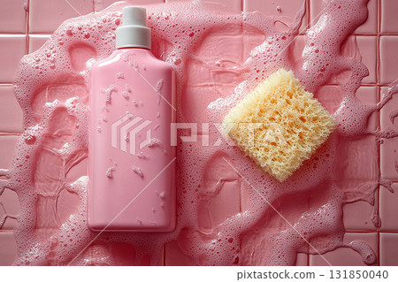 Top view of sponge next to a light detergent bottles on a background of ceramic tiles in pink colors. Top view of sponge next to a light detergent bottles on a background of ceramic tiles in pink colors. 131850040