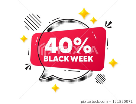 Black week chat speech bubble. Social media concept. Black week 40 percent sale. Special discount sign. Black friday offer symbol. Red chat message. Offer speech bubble. Glare 3d stars. Vector 131850071
