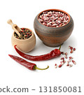 Culinary Flat Lay with Wooden Bowl of Mixed Peppercorns Ceramic Bowl of Red Beans and Dried Chili Peppers on White Background for Food Styling and Ingredient Display 131850081