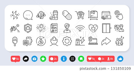 Mountain bike, Sleep and Capsule pill line icons pack. Social media: share, comment, like icons. Ice cream, Computer fingerprint, Businesswoman person web icon. Vector 131850109