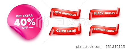 Extra discount sticker, offer ribbons. Black friday, coming soon. Get Extra 40 percent off Sale. Discount offer price sign. Special offer symbol. Save 40 percentages. Pink sticker tag. Vector 131850115