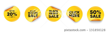 Discount tag sticker tag. 50 percent discount, Black friday paper price banners. Up to 20 percent off sale. Discount offer price sign. Special offer symbol. Save 20 percentages. Vector 131850128